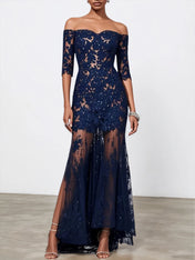 Purplish Blue Lace Sequin Off The Shoulder Half Sleeve Sheath Maxi Dress
