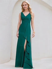 Peacock Chiffon A Line V Neck Sleeveless Floor Length Bridesmaid Dress With Ruffle