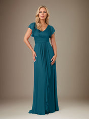 A Line Chiffon V Neck Short Sleeves Floor Length Mother of the Bride Dresses With Ruffles