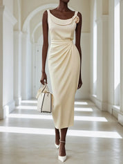 White 3D Floral Ruched Classic Crew Neck Sleeveless Sheath Midi Dress