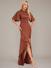 Trumpet/Mermaid High Neck Short Sleeves Asymmetrical Satin Bridesmaid Dress