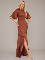 Trumpet/Mermaid High Neck Short Sleeves Asymmetrical Satin Bridesmaid Dress