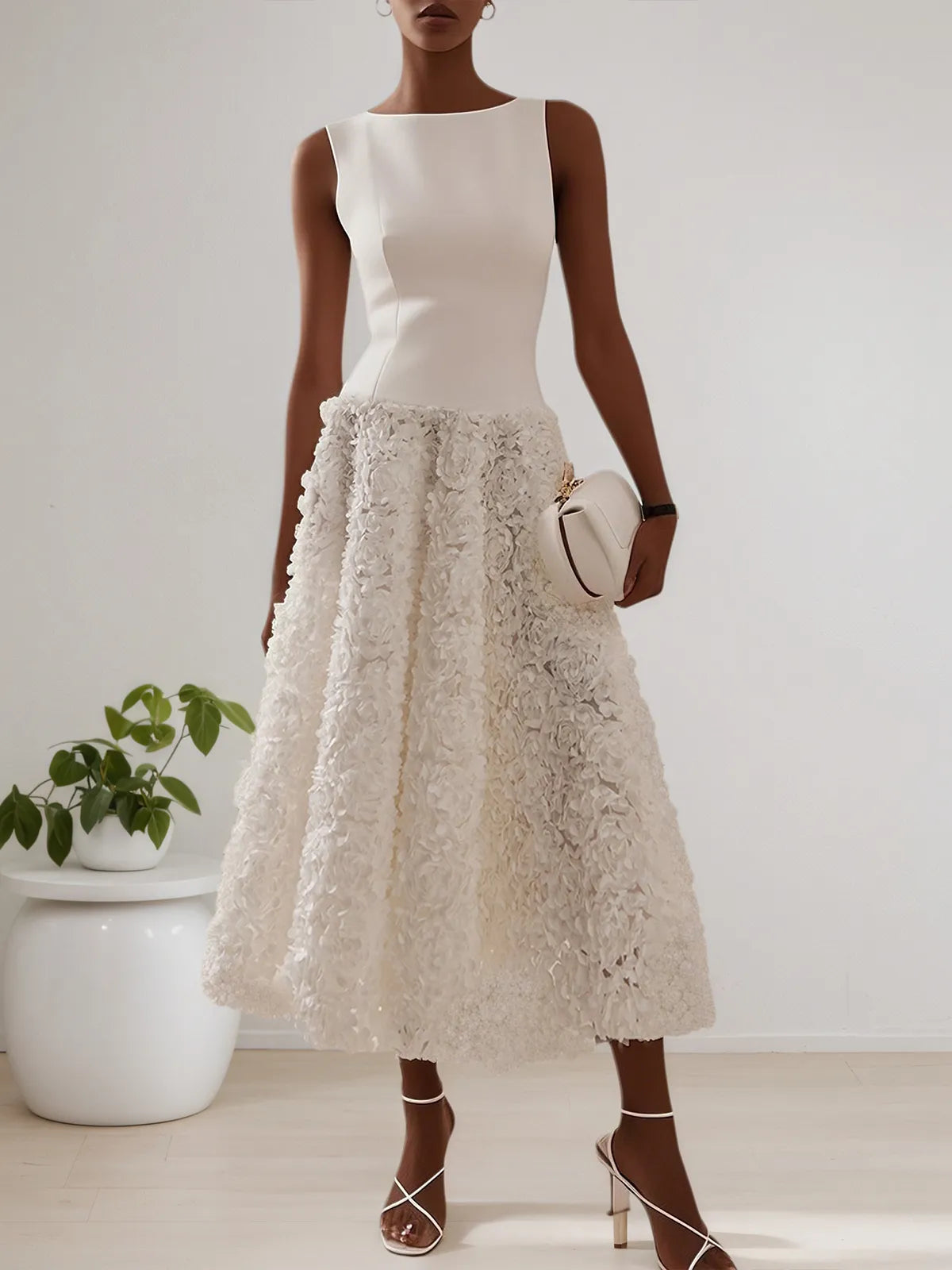 White 3D Floral Boat Neck A-Line Midi Dress