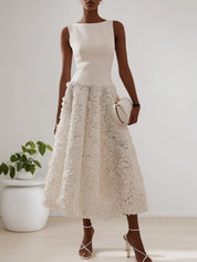 White 3D Floral Boat Neck A-Line Midi Dress