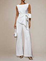 White Stretch Crepe Round Neck Sleeveless Floor Length Pantsuits