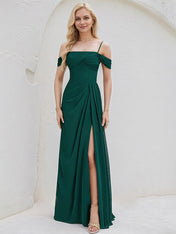 Emerald Chiffon A Line Spaghetti Straps Sleeveless Floor Length Bridesmaid Dress