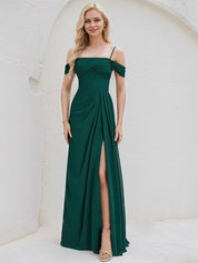 Emerald Chiffon A Line Spaghetti Straps Sleeveless Floor Length Bridesmaid Dress