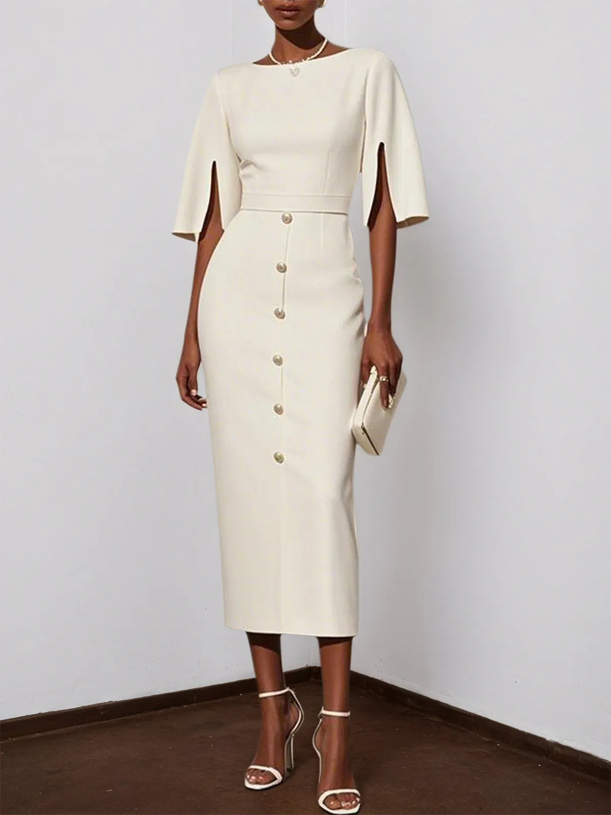 White Buckle Classic Crew Neck Short Sleeve Sheath Midi Dress