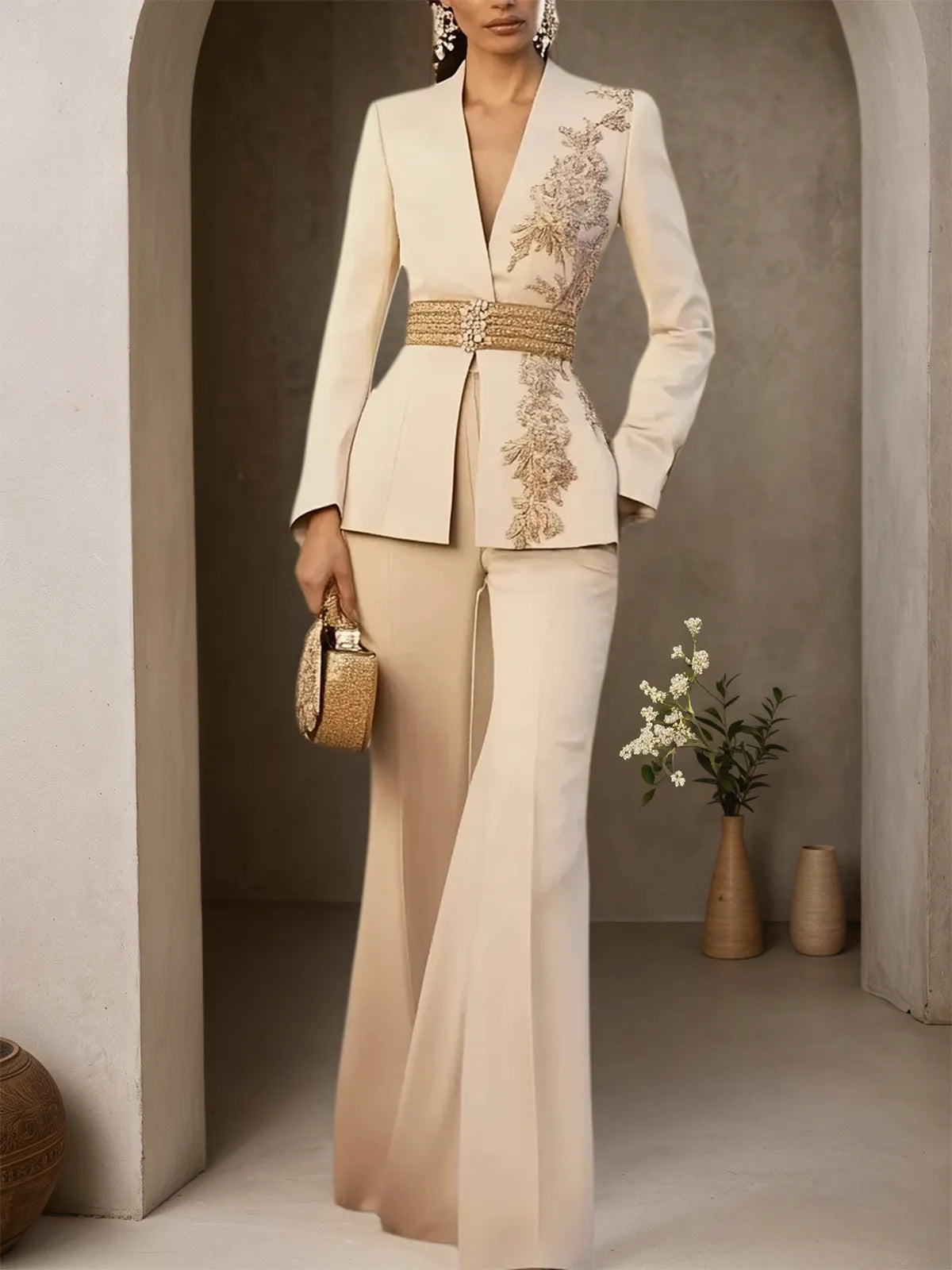 Women Apricot Applique V Neck Long Sleeve Two-Piece Set With Belt