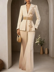 Women Apricot Applique V Neck Long Sleeve Two-Piece Set With Belt