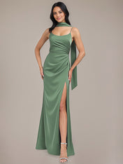 Eucalyptus Sheath/Column Spaghetti Straps Floor-Length Satin Bridesmaid Dress With Scarf