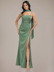 Eucalyptus Sheath/Column Spaghetti Straps Floor-Length Satin Bridesmaid Dress With Scarf