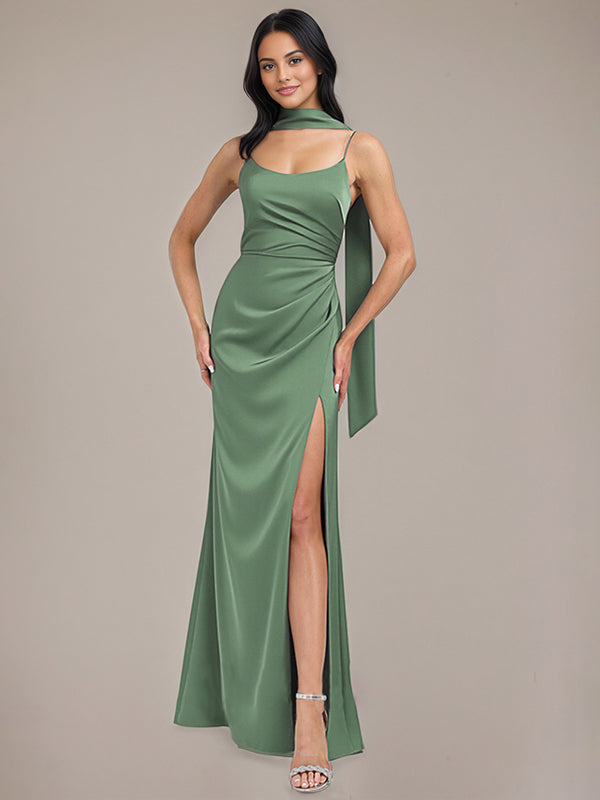 Eucalyptus Sheath/Column Spaghetti Straps Floor-Length Satin Bridesmaid Dress With Scarf