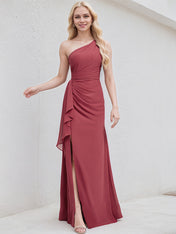 Desert Rose Chiffon A Line One Shoulder Sleeveless Floor Length Bridesmaid Dress