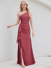 Desert Rose Chiffon A Line One Shoulder Sleeveless Floor Length Bridesmaid Dress