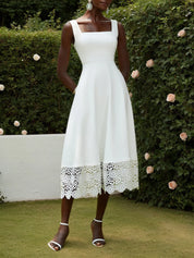 White Lace Classic Square Neck Sleeveless A-Line Tea Length Dress