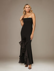 Black Stretch Crepe Off the Shoulder Sleeveless Ankle Length Dress With 3D Flower