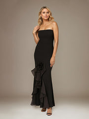 Black Stretch Crepe Off the Shoulder Sleeveless Ankle Length Dress With 3D Flower