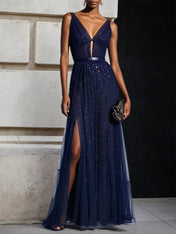 Purplish Blue Mesh Hotfix Embellished Classic V Neck Sleeveless Sheath Maxi Dress