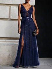 Purplish Blue Mesh Hotfix Embellished Classic V Neck Sleeveless Sheath Maxi Dress