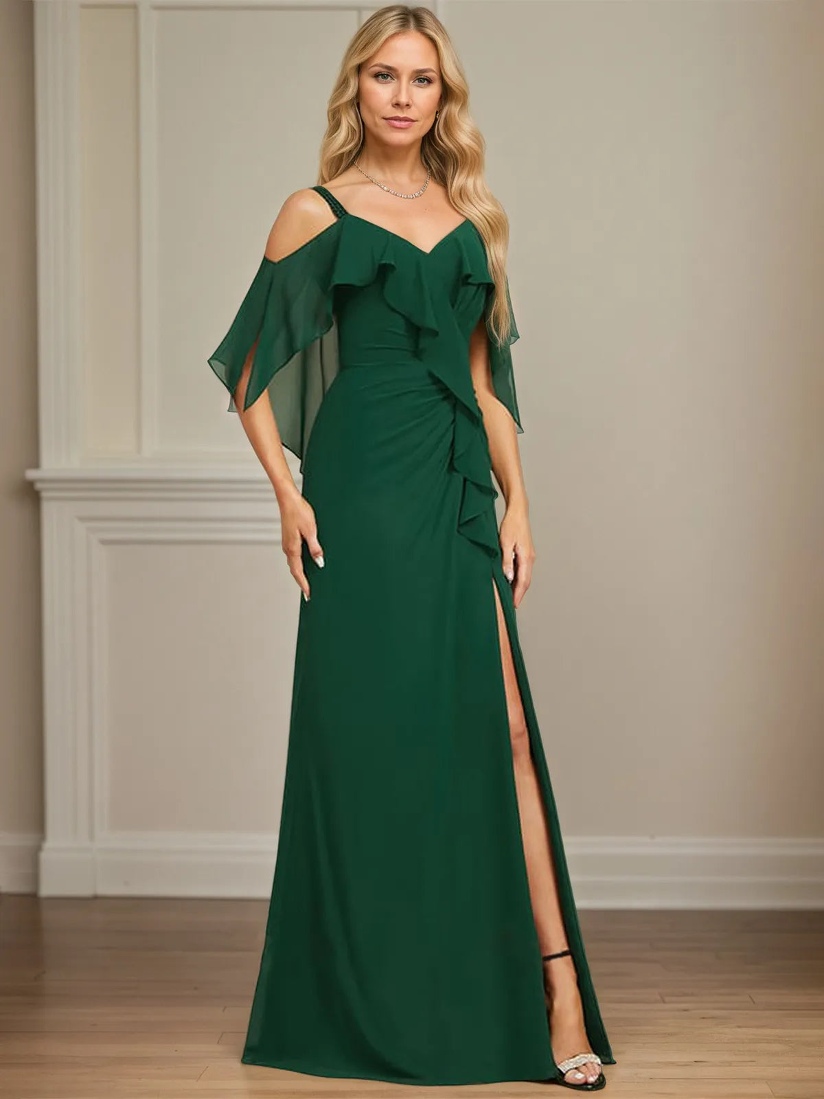 Sheath/Column Cold Shoulder V-Neck Floor-Length Chiffon Dress With Cascading Ruffles Sequins Beading