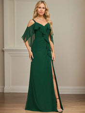 Sheath/Column Cold Shoulder V-Neck Floor-Length Chiffon Dress With Cascading Ruffles Sequins Beading