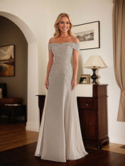 Elegant Taupe Off The Shoulder Sheath Mother of the Bride Dress with Lace