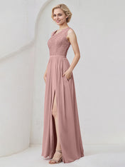 Dusty Rose Chiffon A Line One Shoulder Floor Length Bridesmaid Dress With Appliques