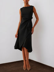 Black Sleeveless Midi Elegant A-line Dress with Waist Twist for Day-to-Night
