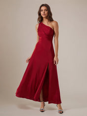 Wine Red A Line One Shoulder Satin Ankle Length Dress