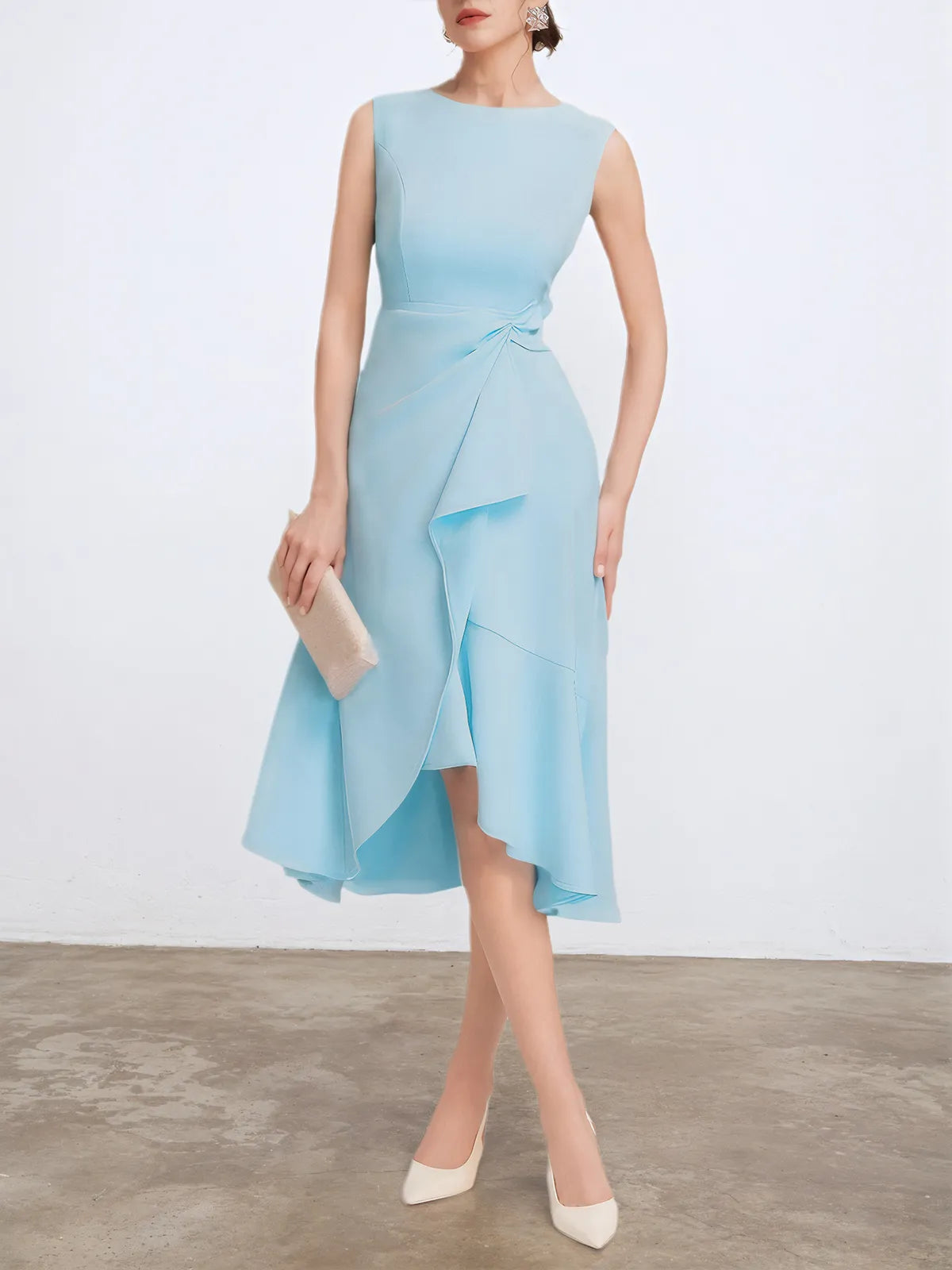 Light Blue Sleeveless Midi Elegant A-line Dress with Waist Twist for Day-to-Night