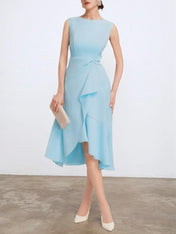 Light Blue Sleeveless Midi Elegant A-line Dress with Waist Twist for Day-to-Night