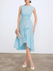 Light Blue Sleeveless Midi Elegant A-line Dress with Waist Twist for Day-to-Night