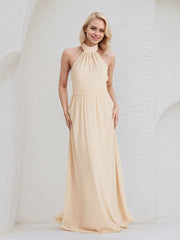 Champagne Chiffon A Line Halter Neck Floor Length Bridesmaid Dress