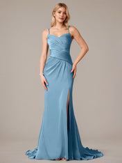 Steel Blue Sheath/Column Satin Spaghetti Straps Sleeveless Floor Length Dresses