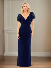 Sheath/Column Stretch Crepe V Neck Short Sleeve Floor Length Dress With Ruffles