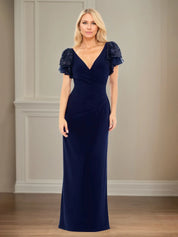 Sheath/Column Stretch Crepe V Neck Short Sleeve Floor Length Dress With Ruffles