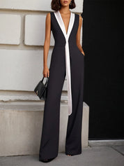 Women Black V Neck Sleeveless Dressy Jumpsuit