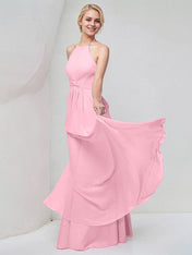 Pink Chiffon A Line Halter Neck Floor Length Bridesmaid Dress