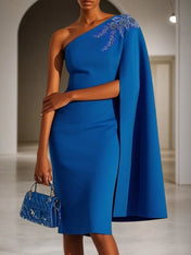 Blue Applique Hotfix Embellished Asymmetric Classic One Shoulder Sleeveless Sheath Midi Dress
