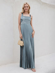 A Line Dusty Blue Satin Square Neck Sleeveless Floor Length Dress With Bow