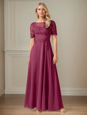 A Line Chiffon Scoop Neck Short Sleeves Floor Length Mother of the Bride Dresses With Appliques