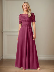 A Line Chiffon Scoop Neck Short Sleeves Floor Length Mother of the Bride Dresses With Appliques