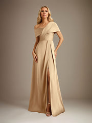 Champagne A Line Satin Asymmetrical neckline Cold Shoulder Sleeve Floor Length Dress