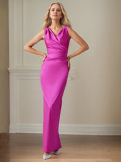 Raspberry Satin Sheath/Column V Neck Floor Length Mother of the Bride Dresses