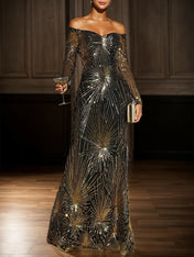 Golden-Black Off The Shoulder Gown Mermaid Sequin Dress