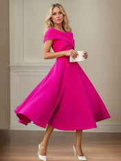 Fuchsia Stretch Crepe A Line Off The Shoulder Short Sleeves Tea Length Mother of the Bride Dresses