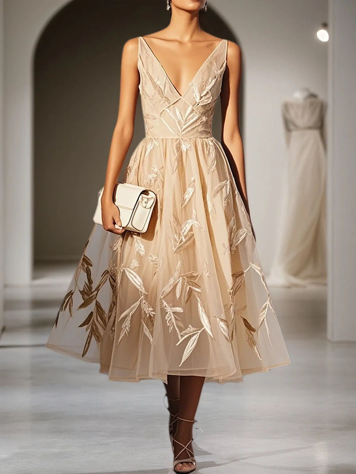 Beige 3D Floral Classic V Neck Sleeveless A-Line Midi Dress