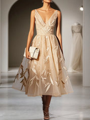 Beige 3D Floral Classic V Neck Sleeveless A-Line Midi Dress
