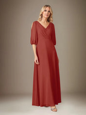 A Line Chiffon V Neck 1/2 Sleeves Floor Length Pleated Mother of the Bride Dresses